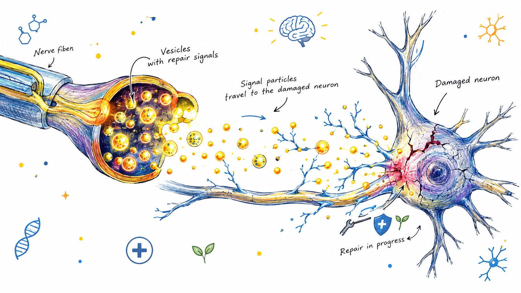 A scientific illustration showing a nerve fiber releasing repair vesicles to heal a damaged neuron cell.