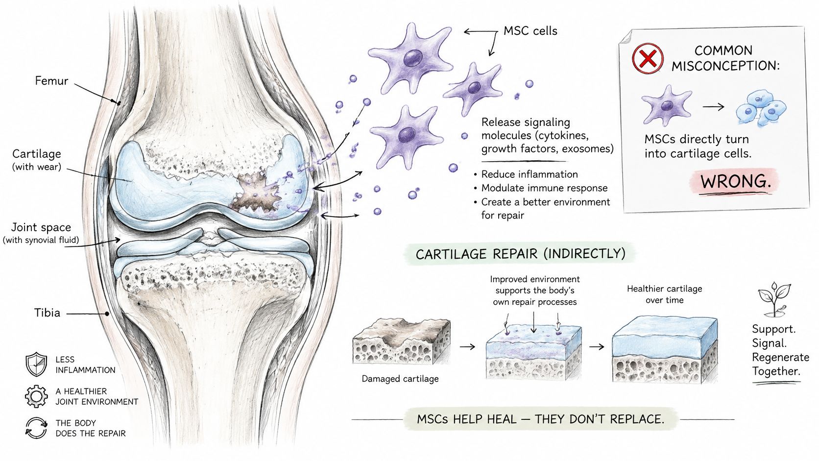 Diagram explaining how mesenchymal stem cells support cartilage repair in joints through signaling rather than direct replacement.