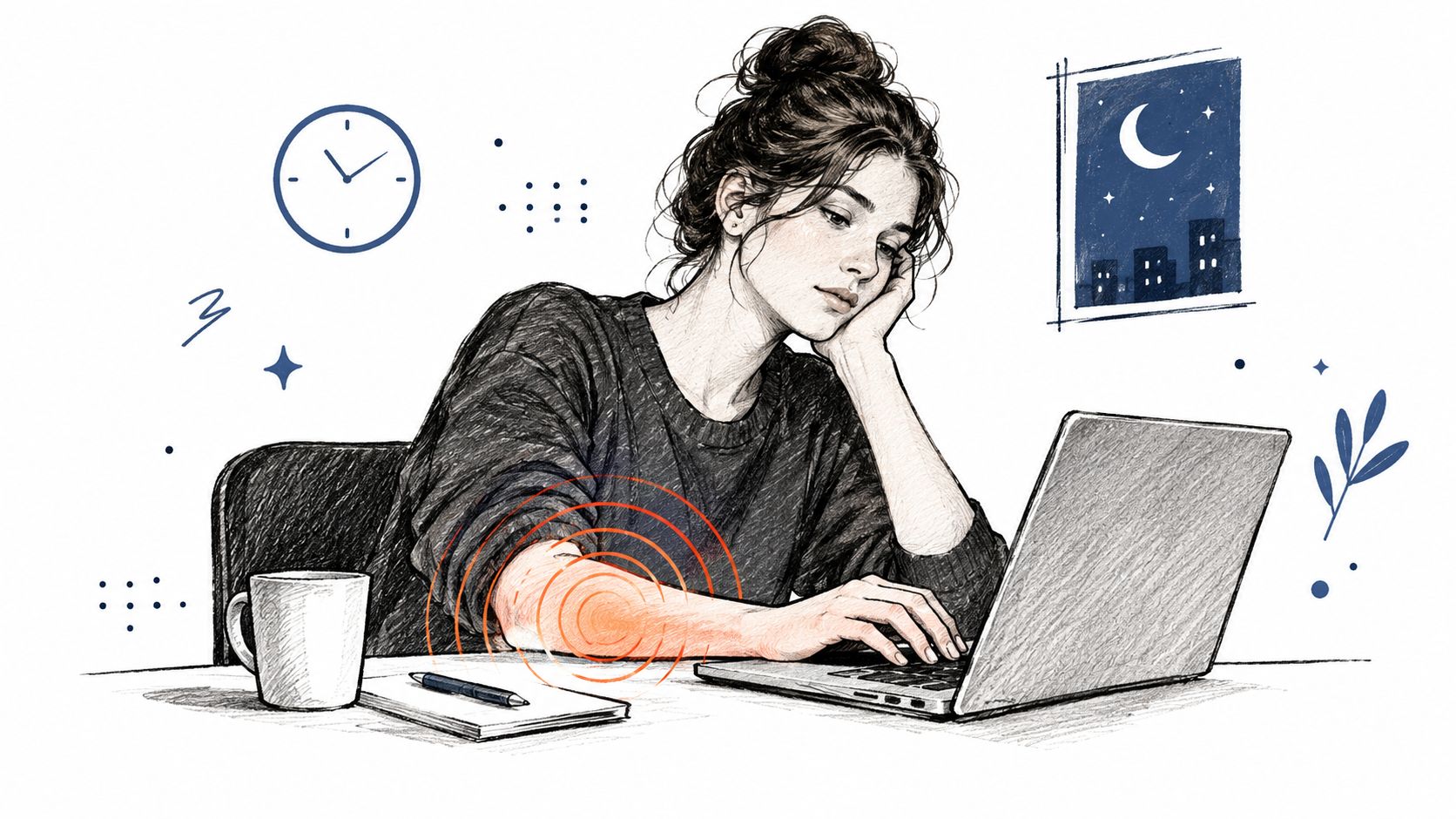 A woman working late on her laptop feeling pulsating pain in her arm at night