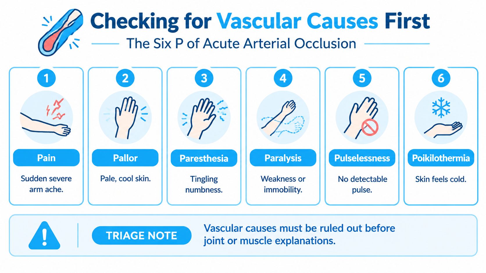 An infographic detailing the six P's of acute arterial occlusion for identifying vascular causes of arm pain.