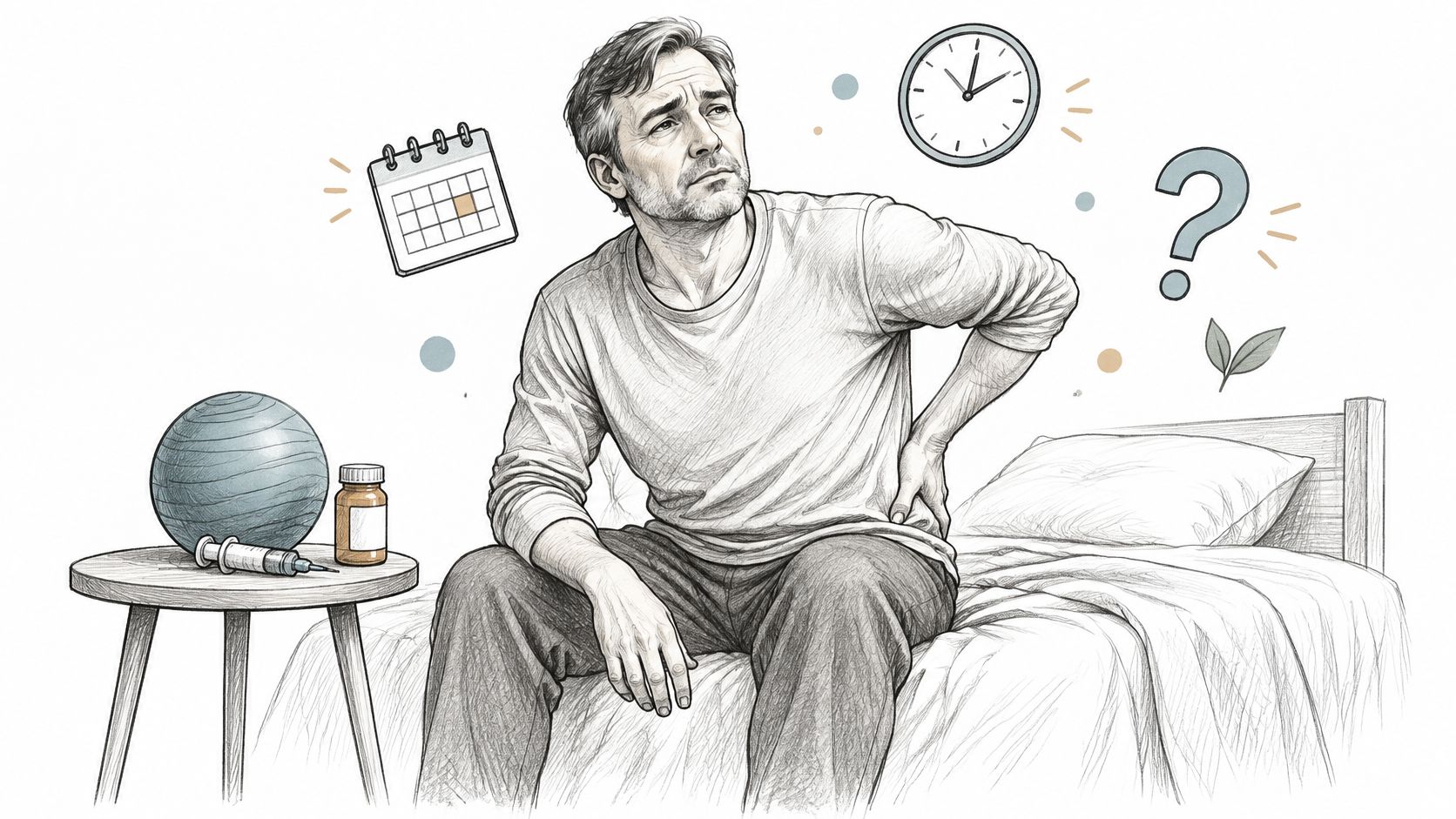 A man sitting on a bed clutching his back, reflecting on pain management, timing, and treatment options.