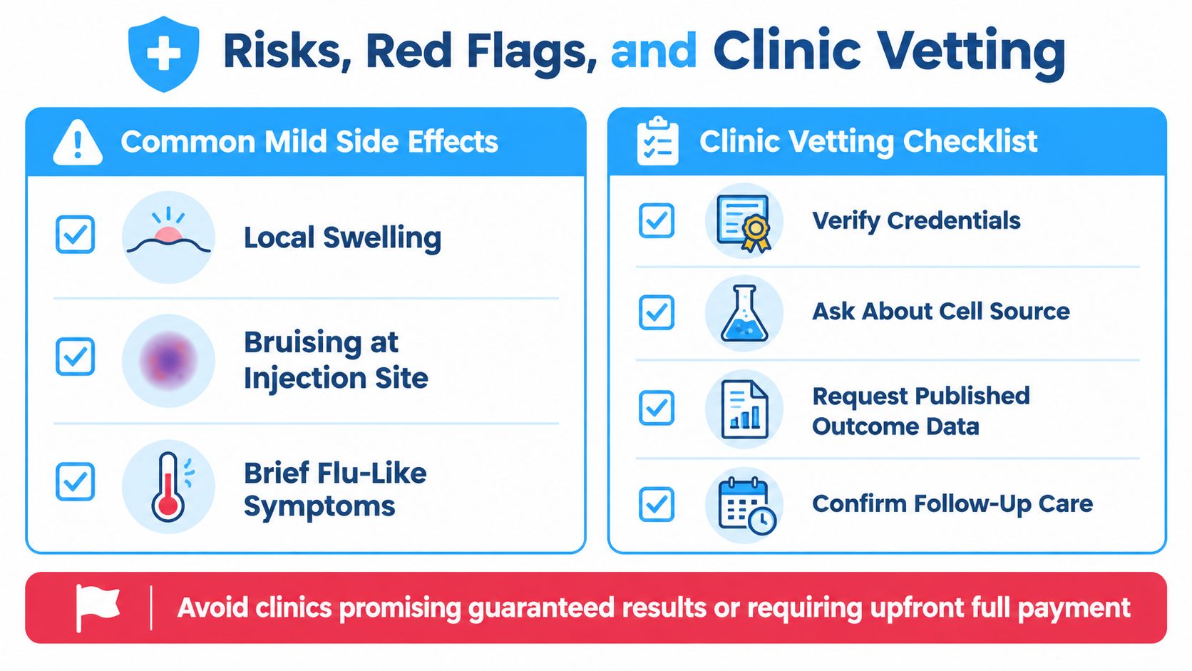 An infographic detailing common mild side effects of stem cell therapy and a vetting checklist for selecting clinics.