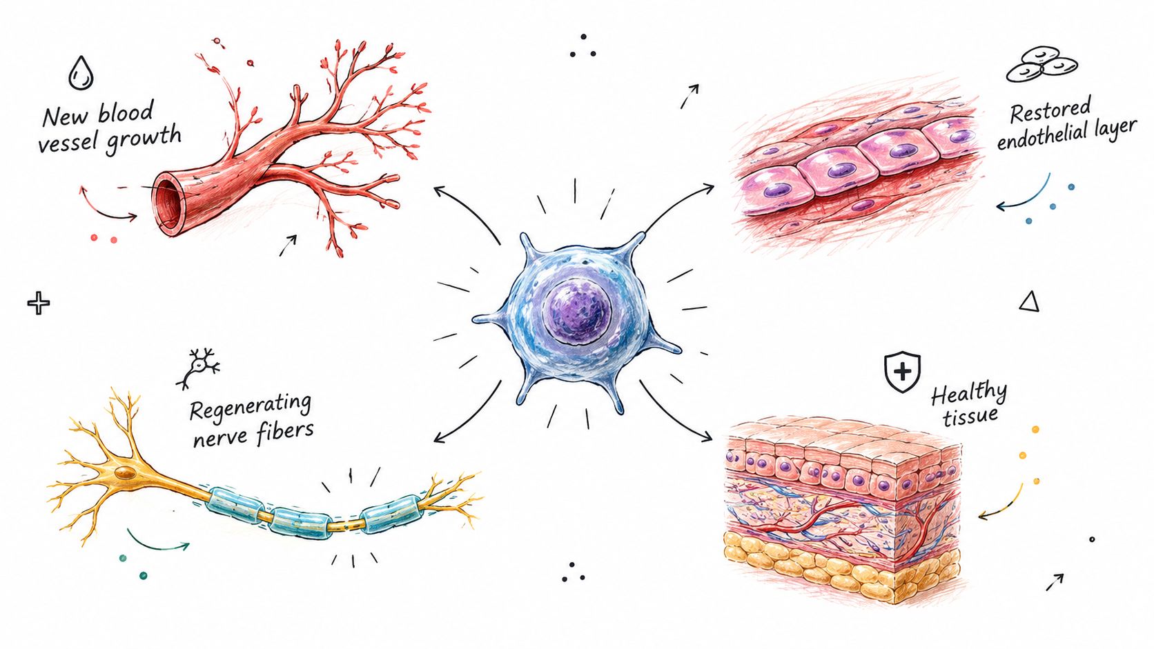 An illustration showing a central stem cell promoting tissue regeneration, blood vessel growth, and nerve fiber repair.