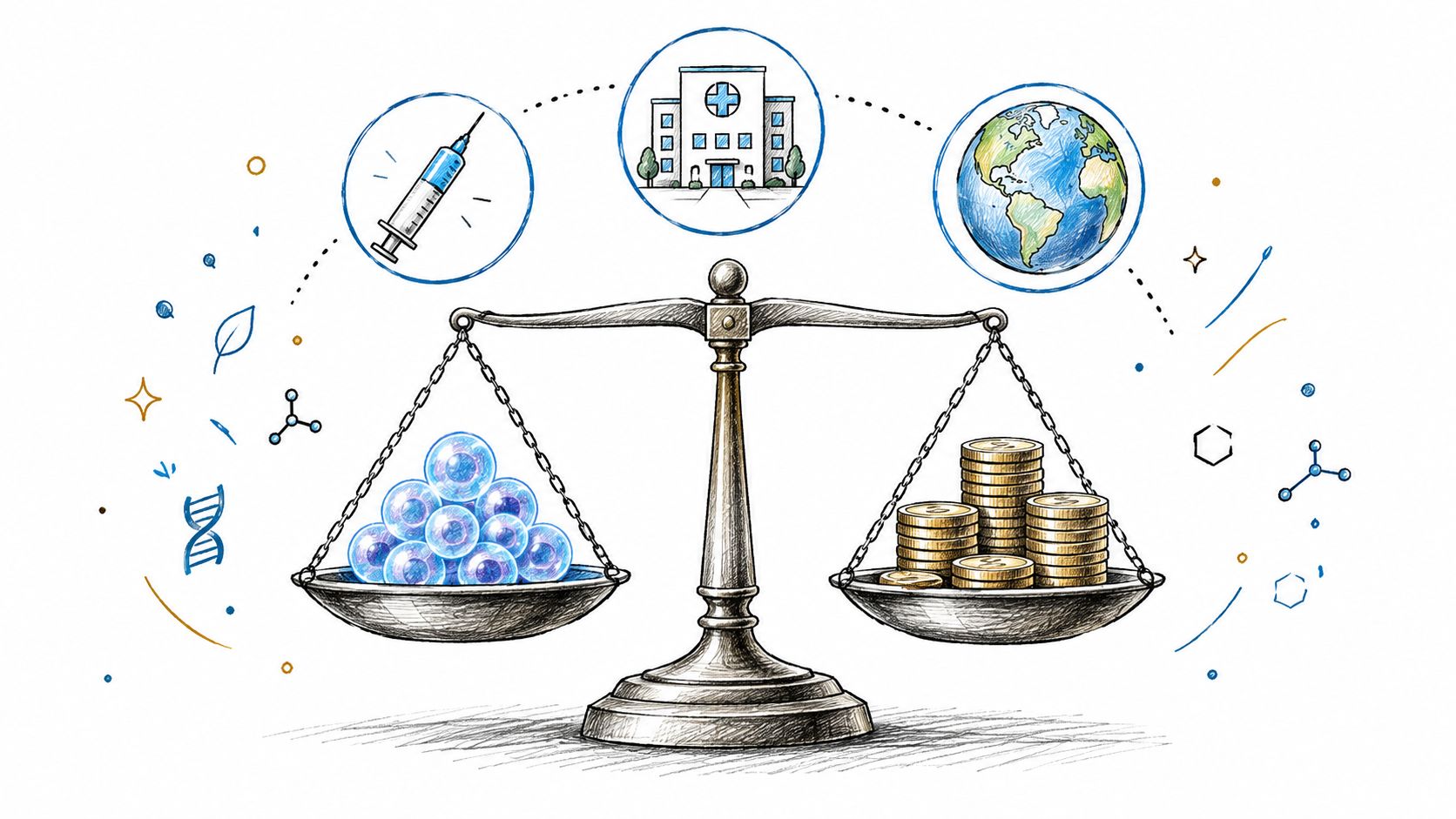 A conceptual illustration balancing a pile of blue cells against a stack of gold coins on scales.