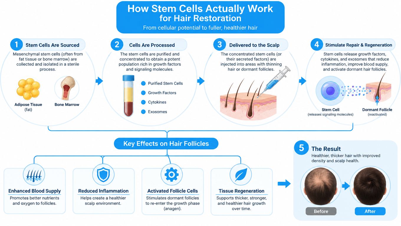 An infographic detailing the five-step stem cell process for hair restoration and follicle regeneration.