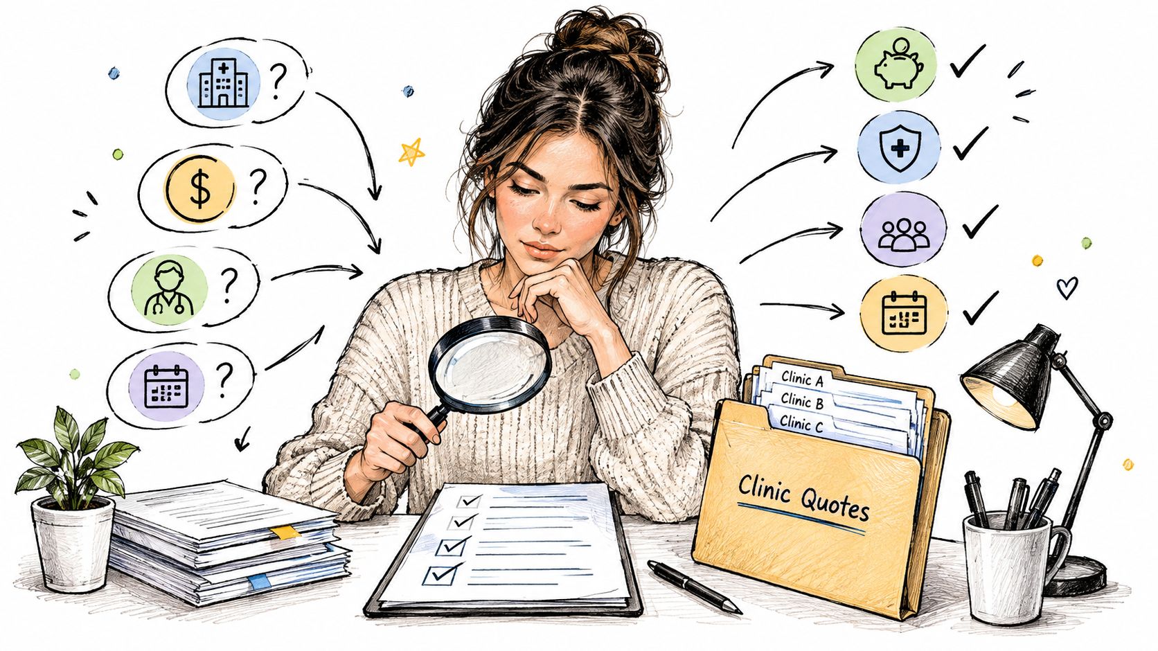 A woman reviewing documents to compare healthcare clinic quotes for stem cell hair restoration services.