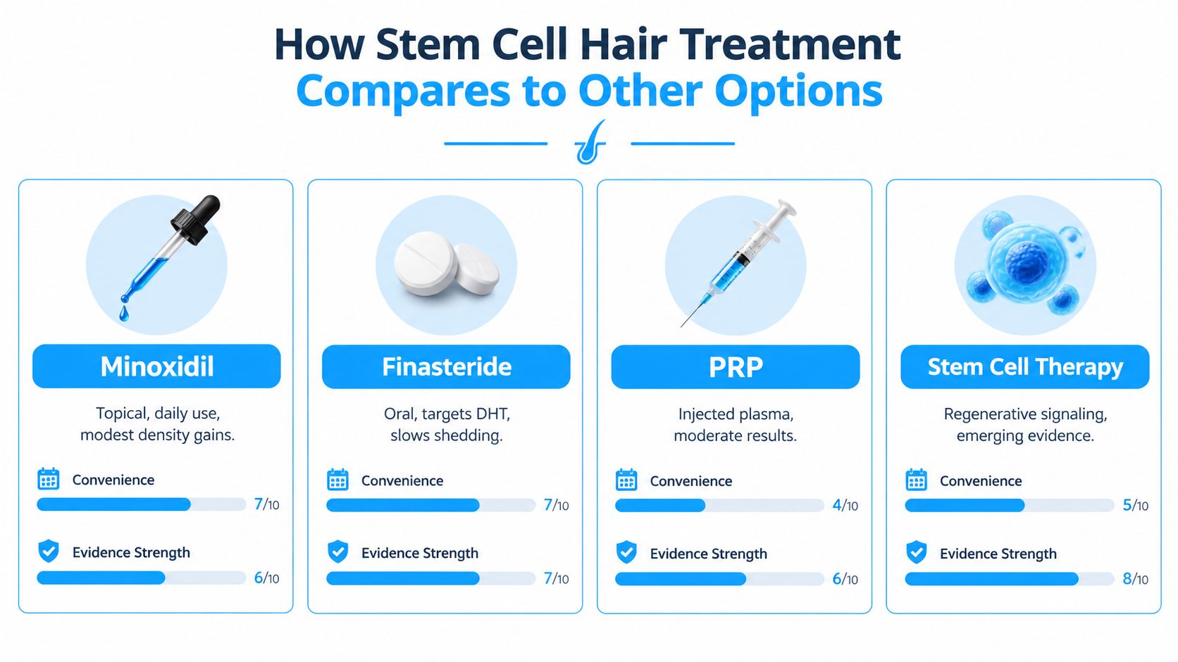 A comparison chart showing hair loss treatment options including Minoxidil, Finasteride, PRP, and Stem Cell Therapy.