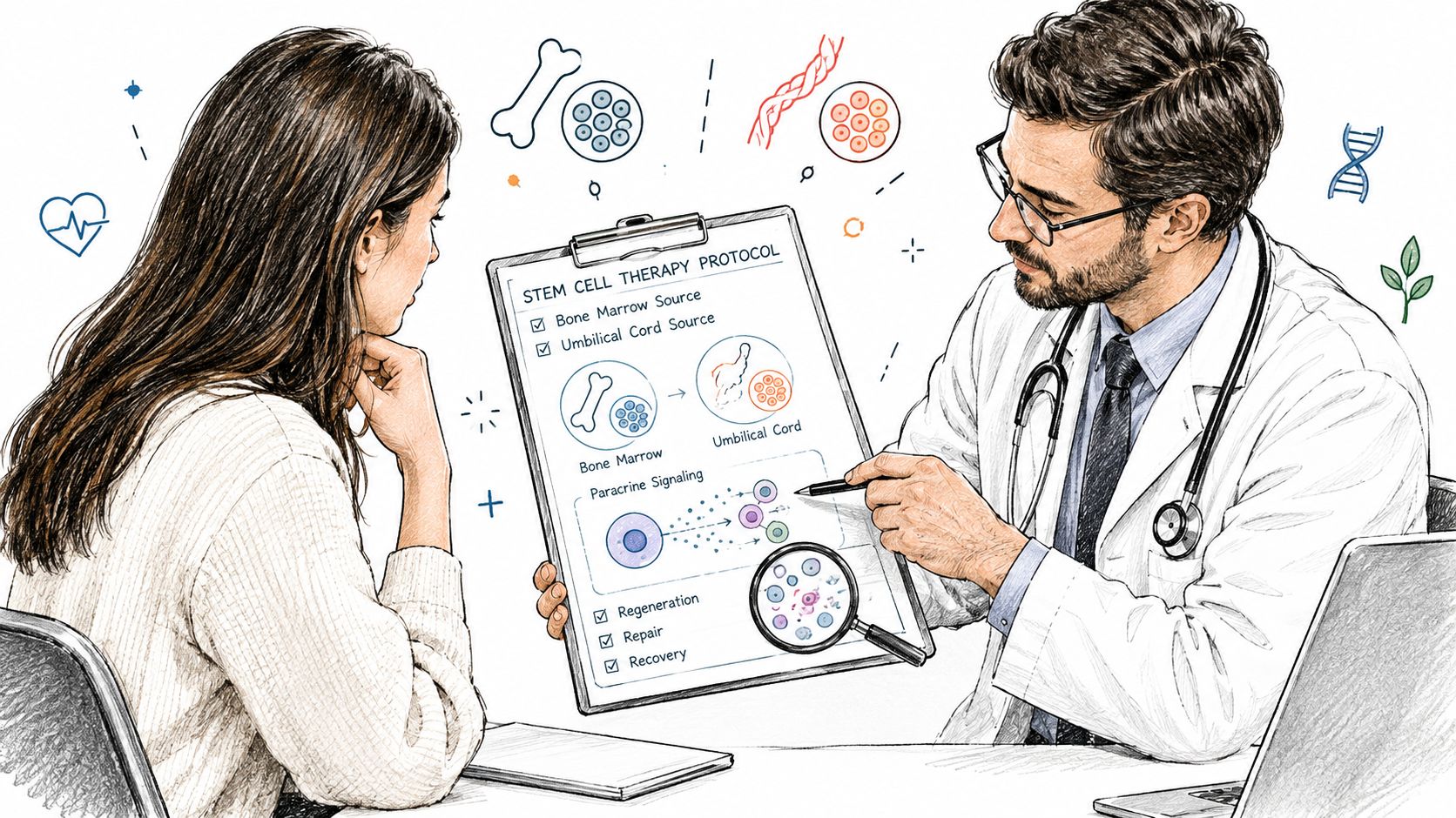 A doctor explaining stem cell therapy protocols using a diagram to a female patient in a clinic.