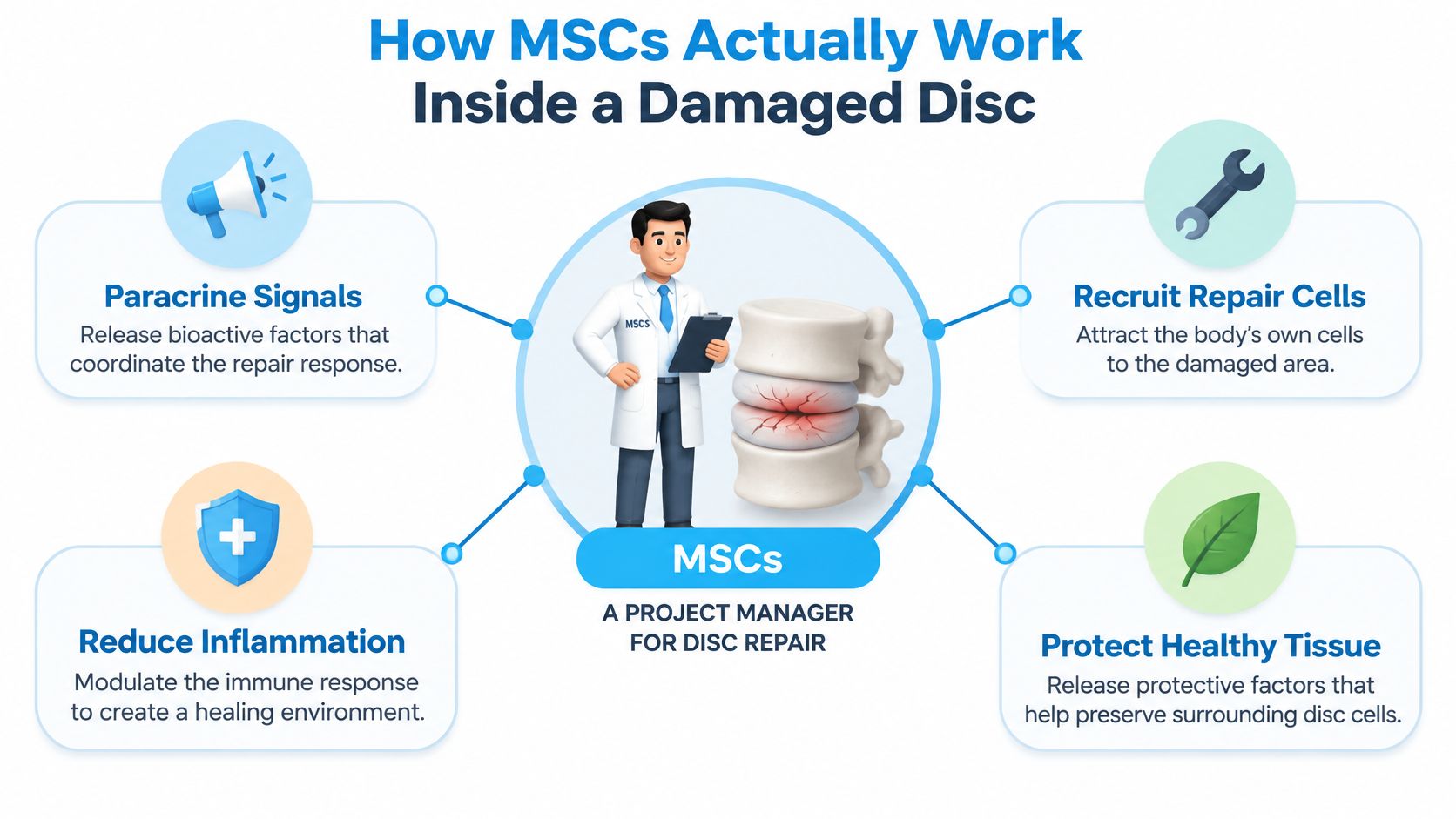An infographic titled How MSCs Actually Work Inside a Damaged Disc, explaining how stem cells promote healing.