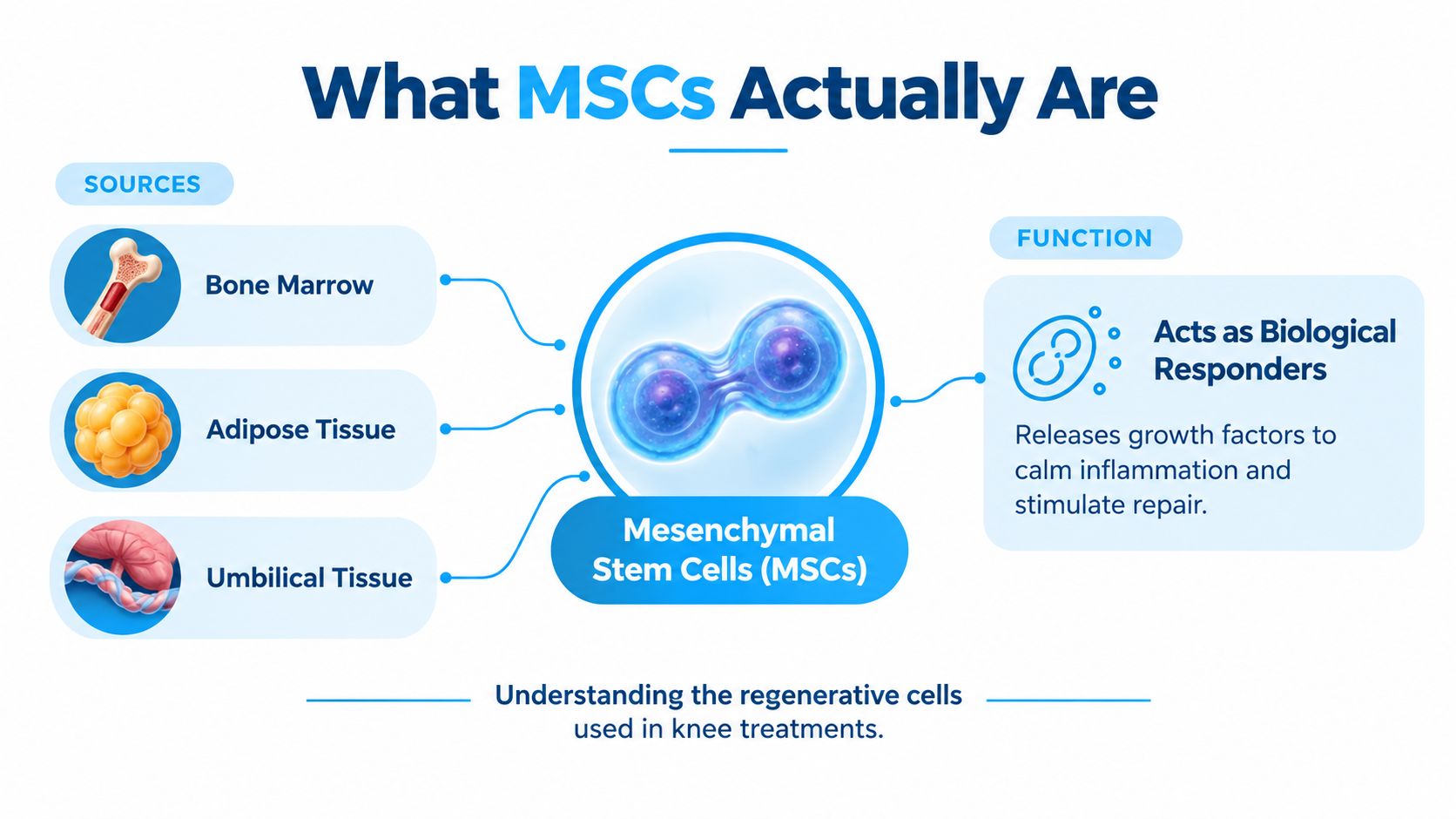 A diagram illustrating the sources and functions of Mesenchymal Stem Cells used for regenerative knee treatments.