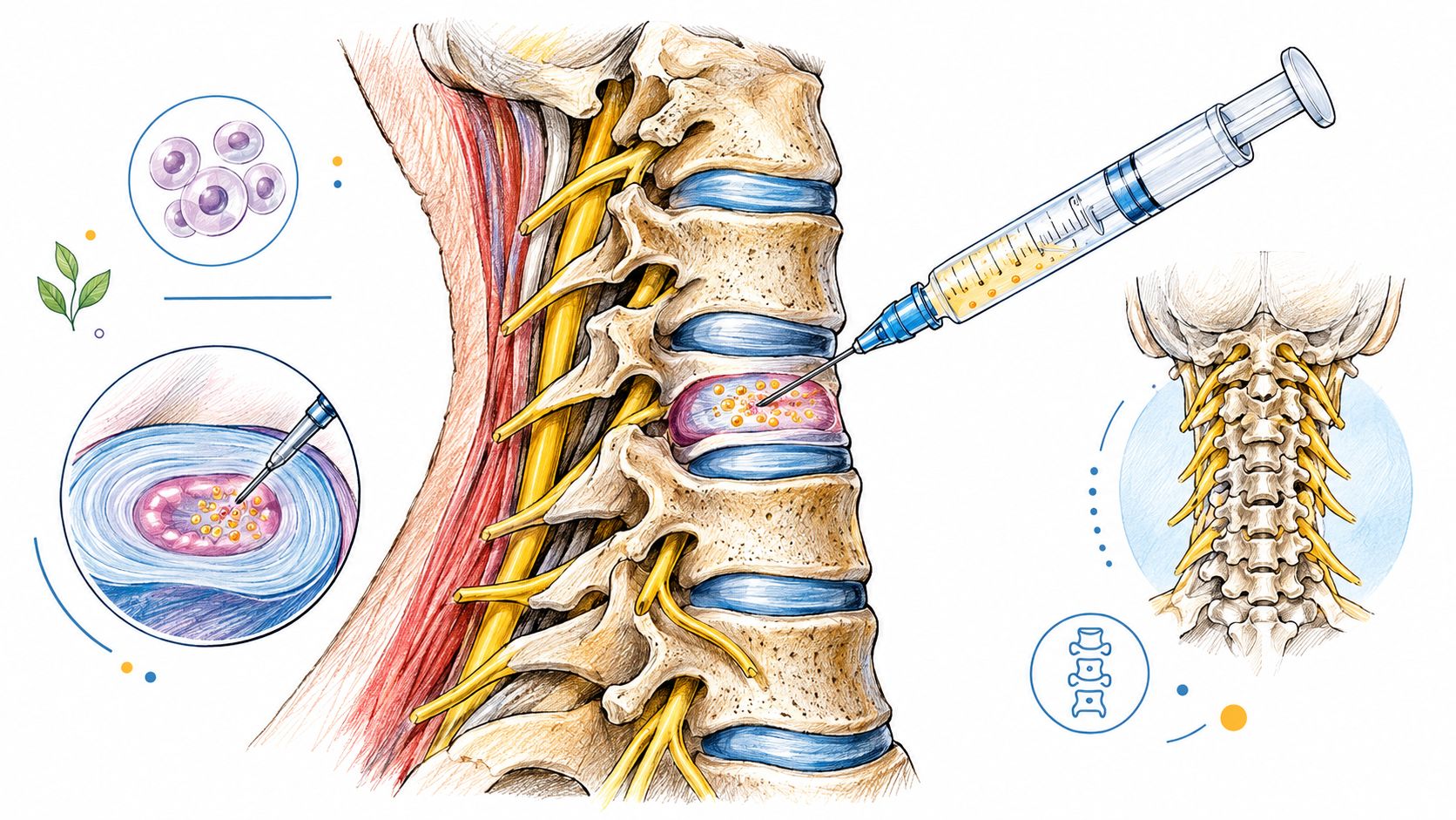A medical illustration showing stem cell injection into a cervical spinal disc to treat neck pain.
