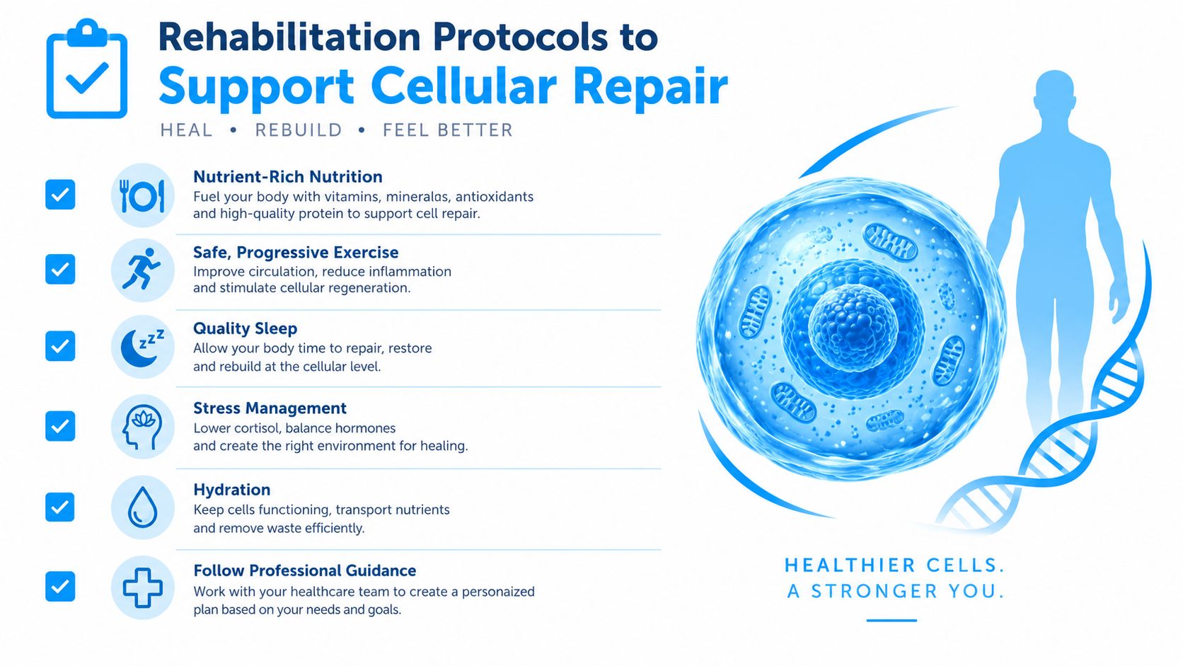A diagram outlining health protocols for cellular repair, including nutrition, exercise, sleep, stress management, and hydration.