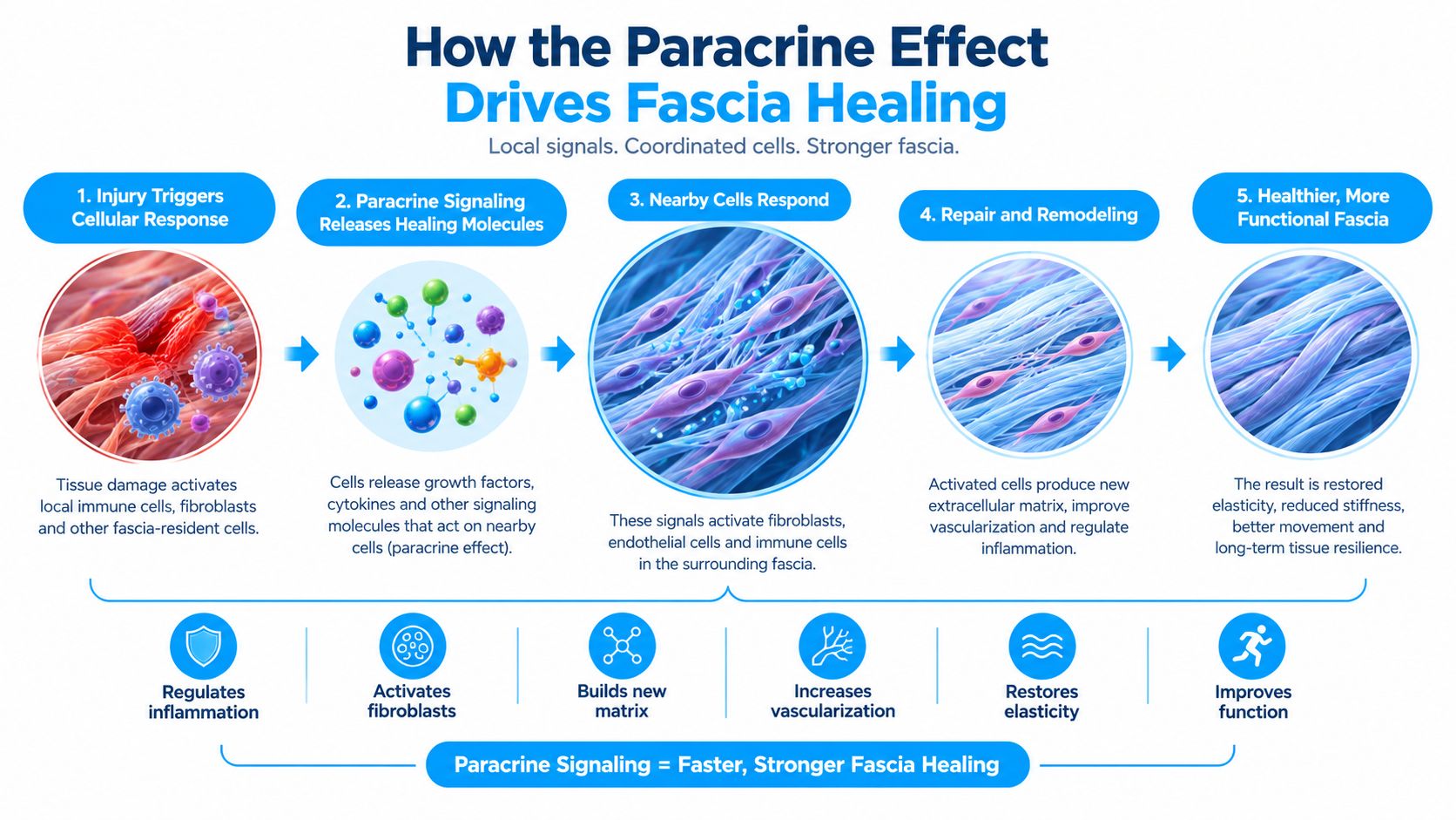 A diagram illustrating the five stages of the paracrine effect process in fascia tissue healing and regeneration.