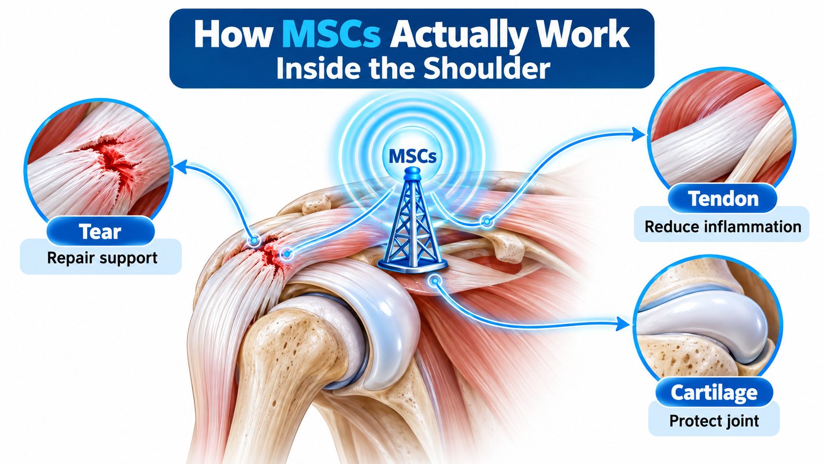 A diagram illustrating how MSC stem cells provide repair support, reduce inflammation, and protect shoulder joint cartilage.