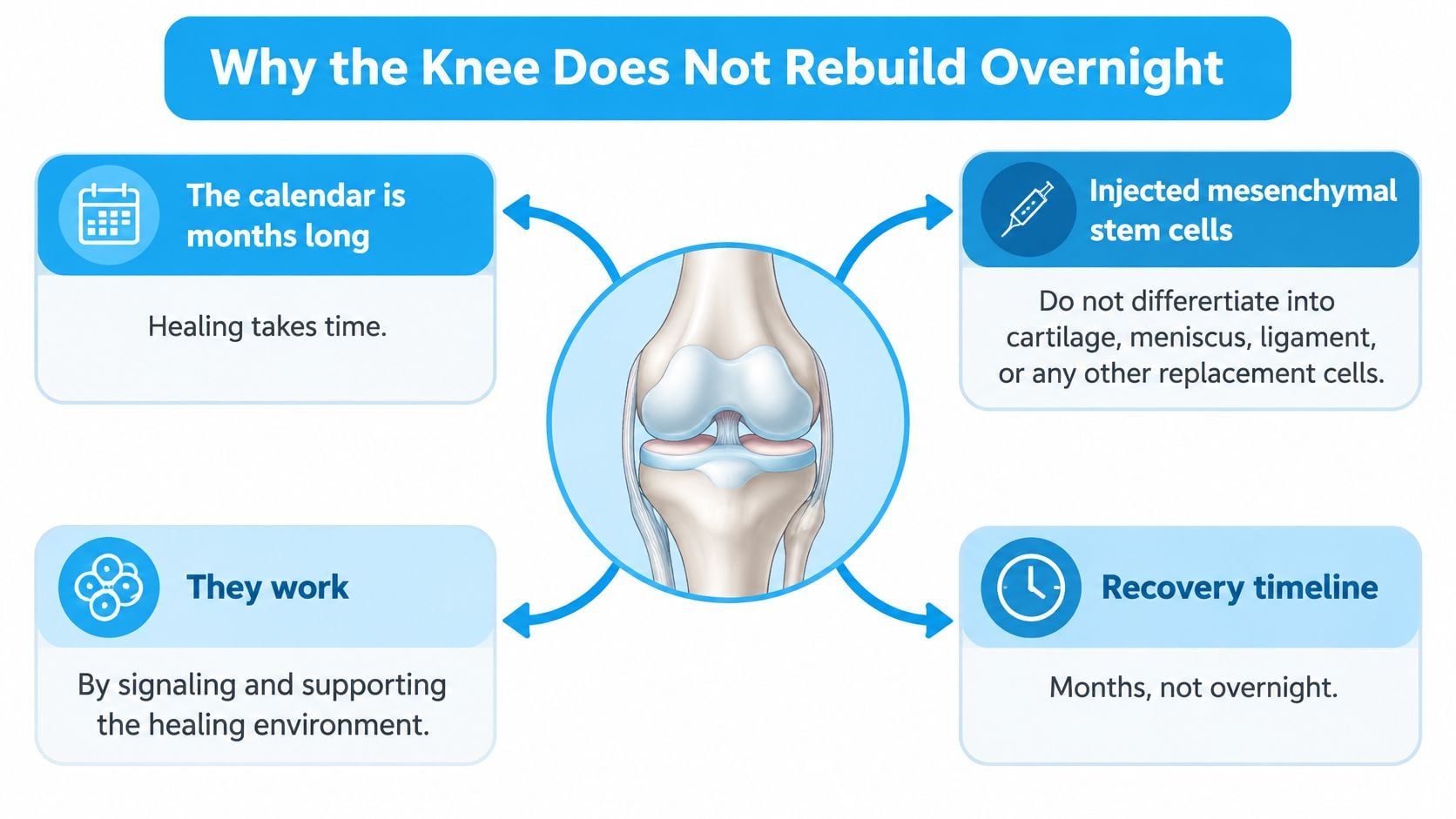 An infographic explaining why knee recovery with mesenchymal stem cell injections takes months, not overnight.