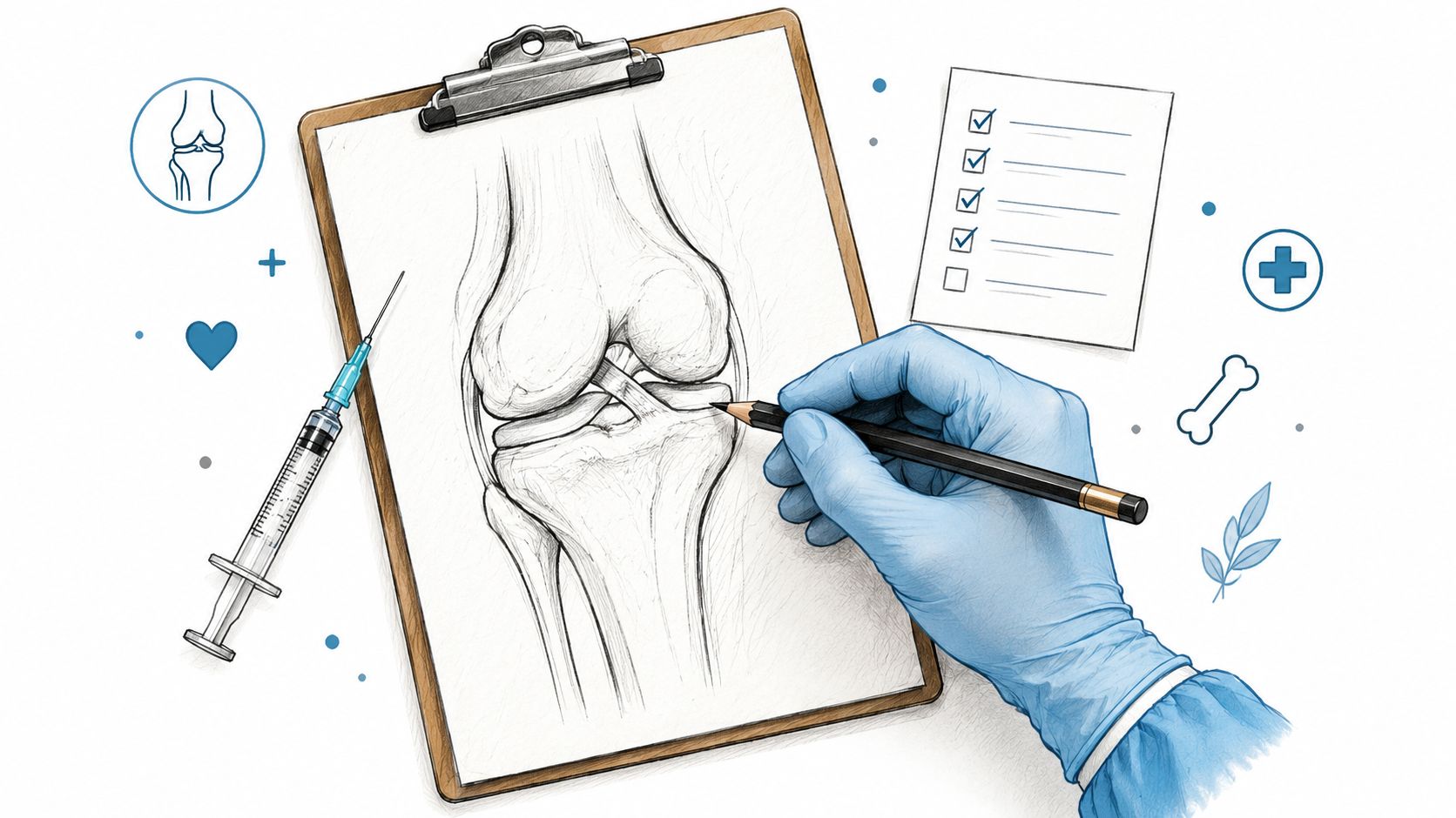 A medical professional in blue gloves sketches an anatomical drawing of an ACL knee tear on a clipboard.