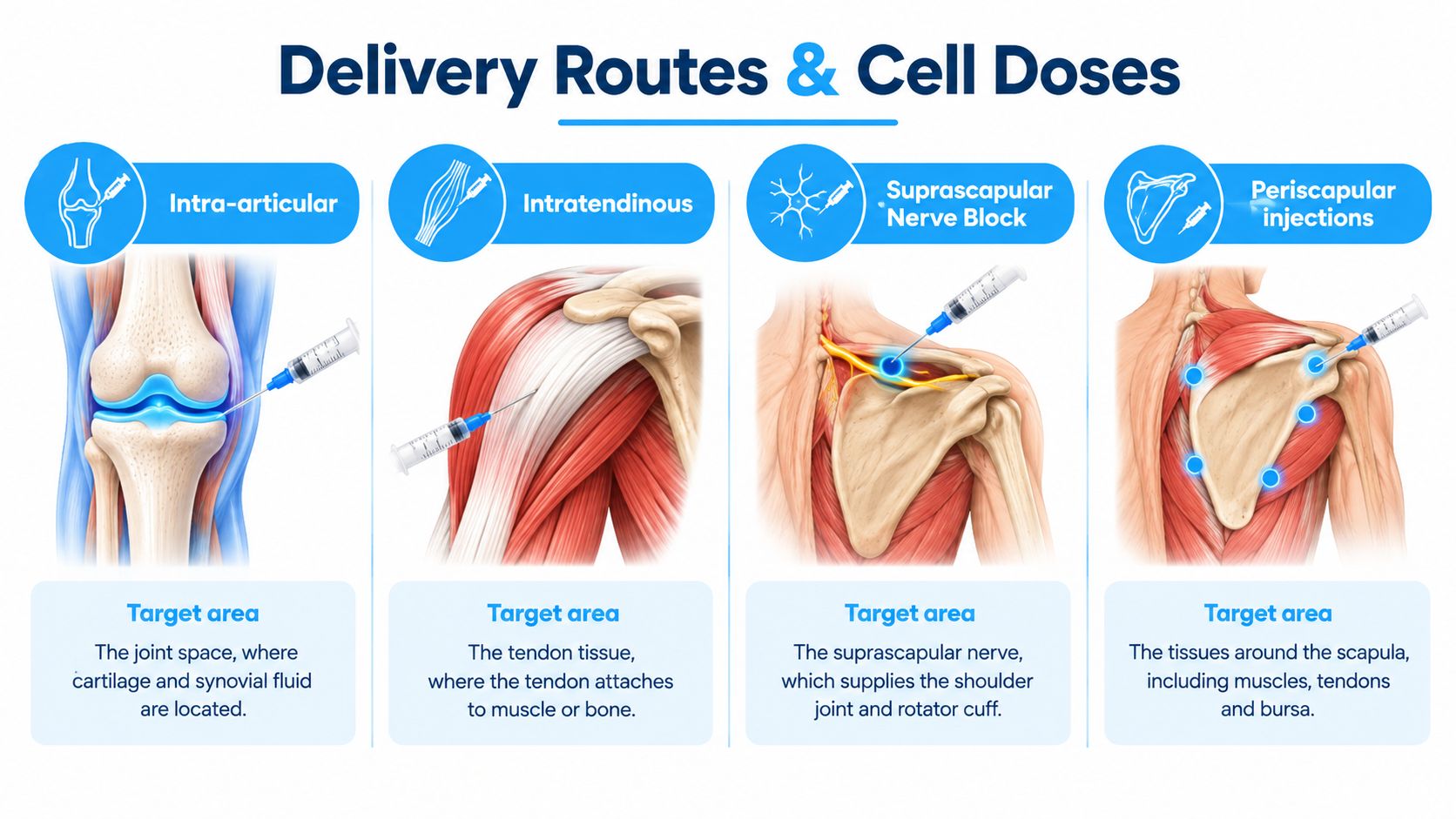 An infographic illustrating four distinct injection delivery routes and target areas for stem cell therapy.