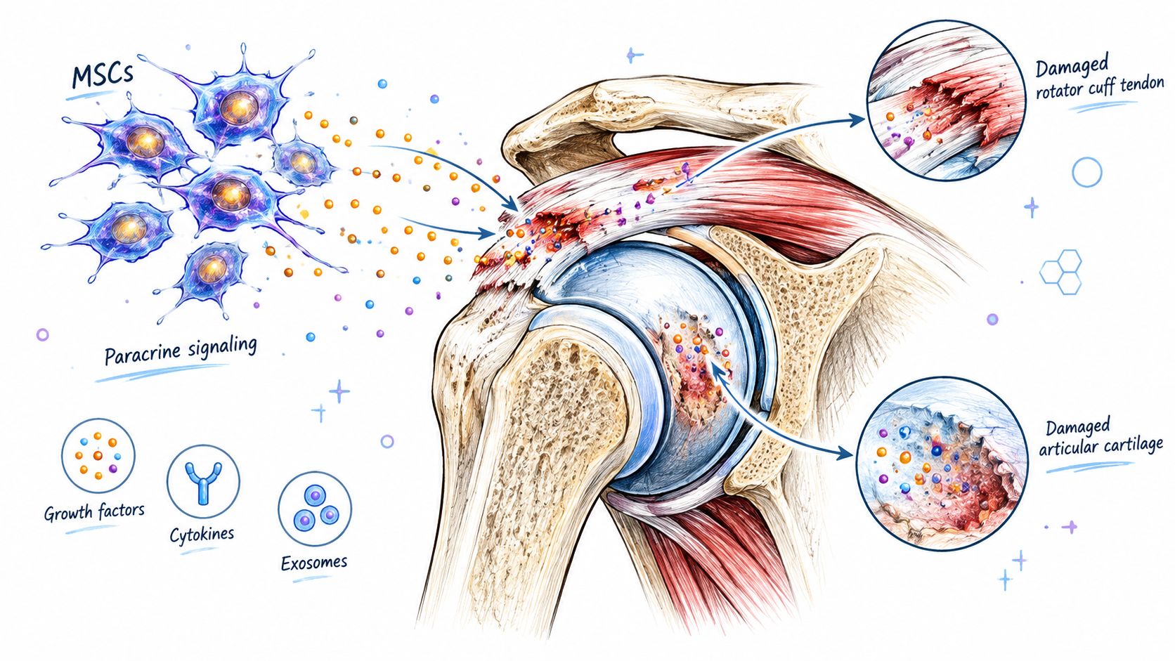 A medical illustration showing mesenchymal stem cells using paracrine signaling to treat a damaged shoulder joint.