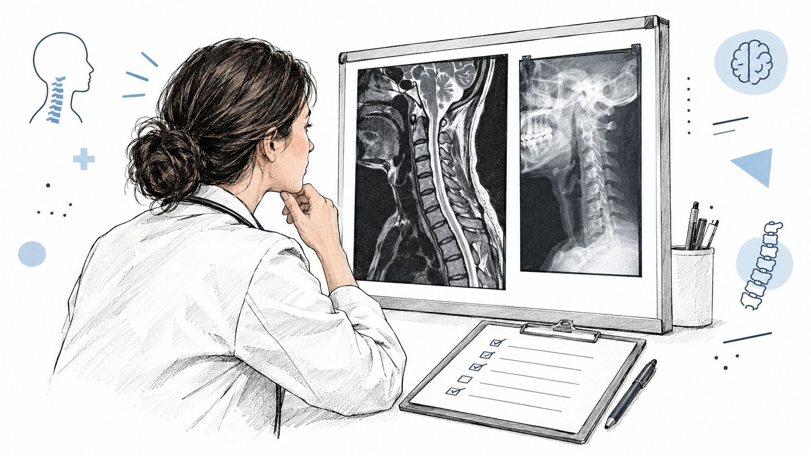 A female doctor with a stethoscope examining medical X-ray and MRI scans of a human cervical spine.