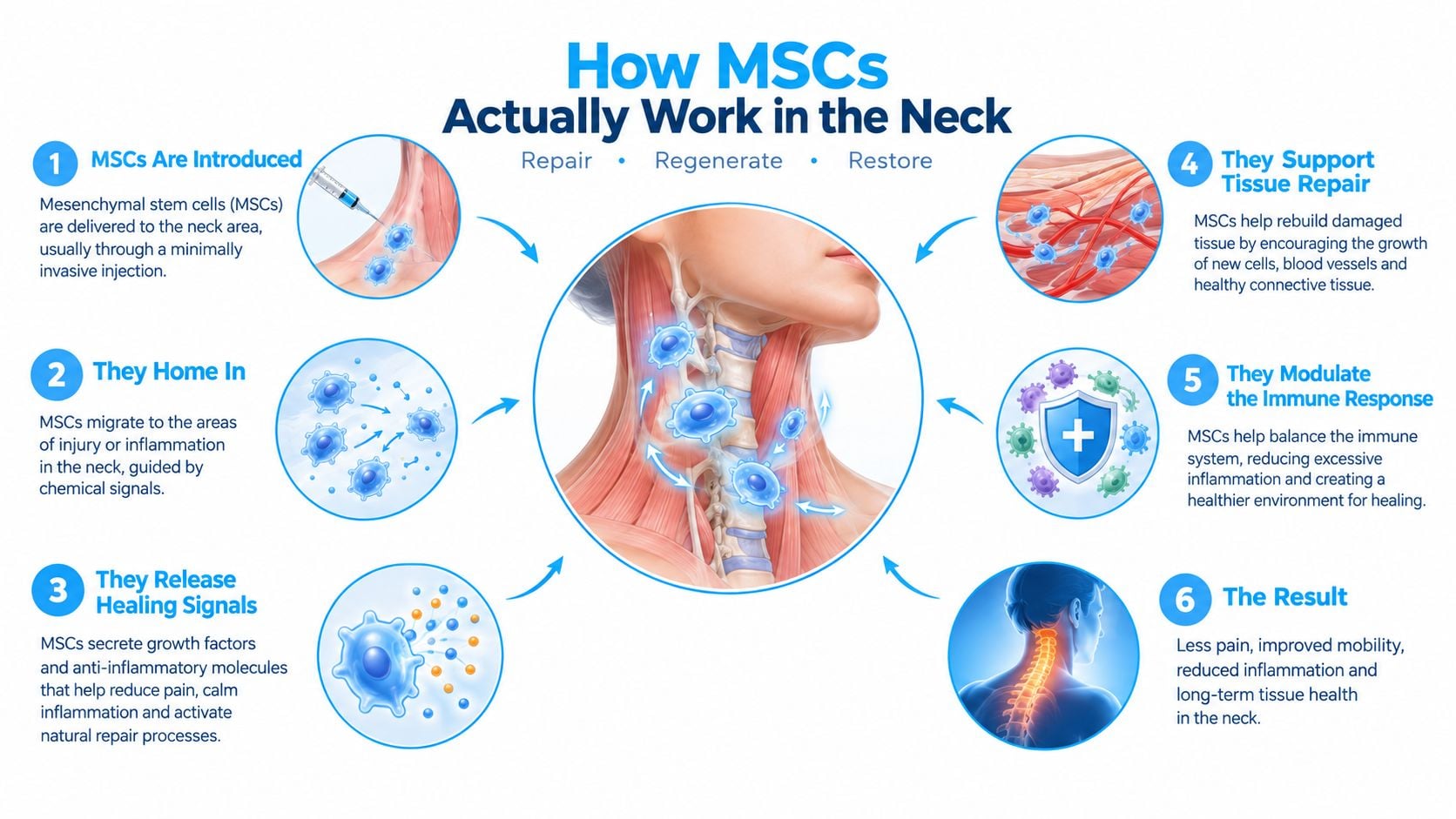 An infographic showing the step-by-step process of how mesenchymal stem cells repair neck tissue and reduce pain.