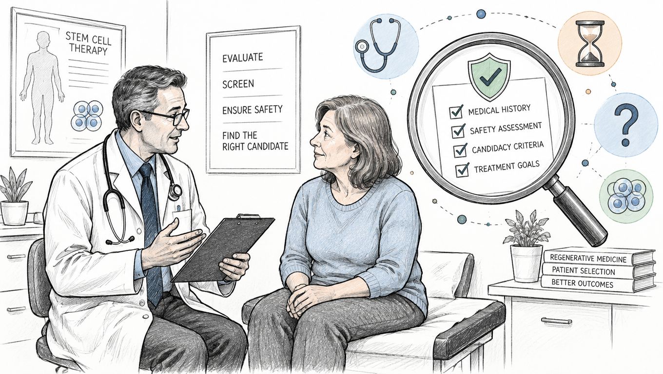 A doctor explaining the patient evaluation and screening process for stem cell therapy to a female patient.