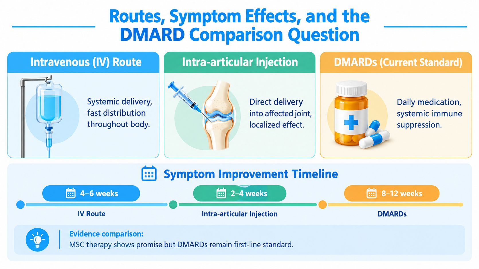 A comparison chart showing routes of administration, symptom improvement timelines, and DMARD standards for treating rheumatoid arthritis.